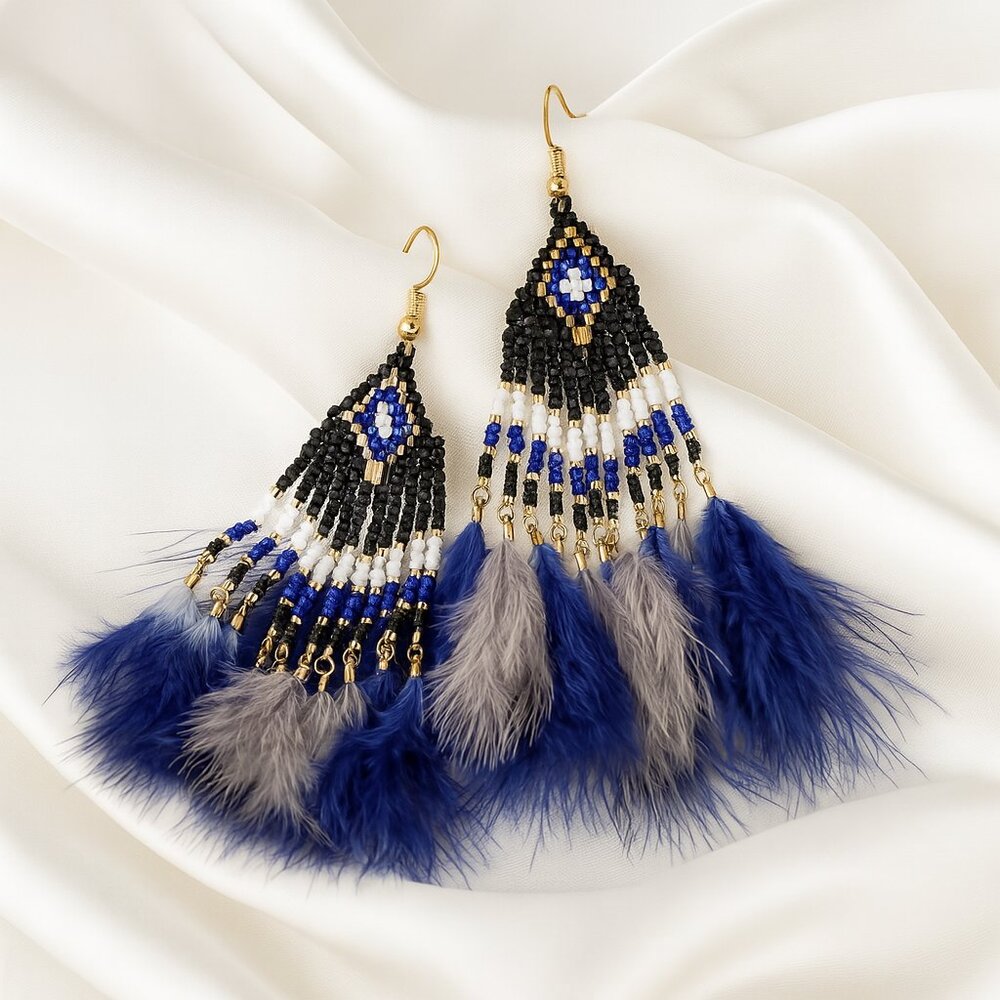 Express Beaded Feather Dangle Earrings Blue, Black, White Boho Statement Jewelry